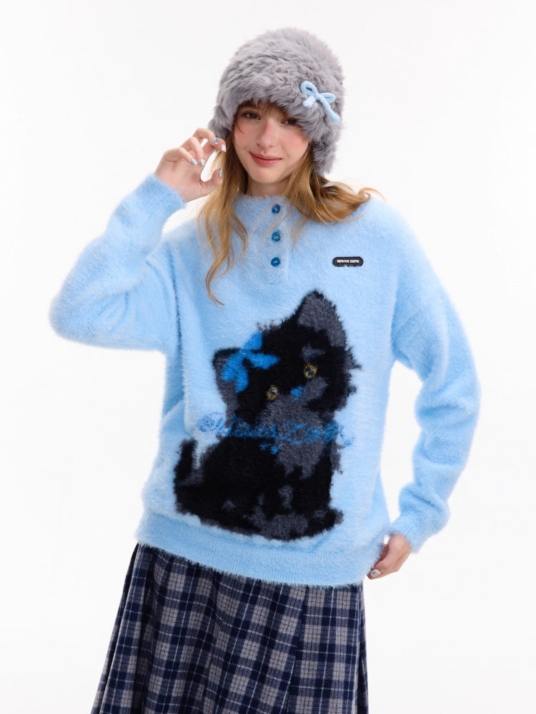 American Retro Design Cat Print Soft Waxy Lazy Sweater【s0000014758】