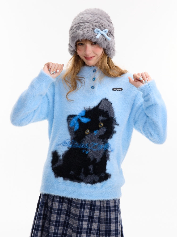 American Retro Design Cat Print Soft Waxy Lazy Sweater【s0000014758】