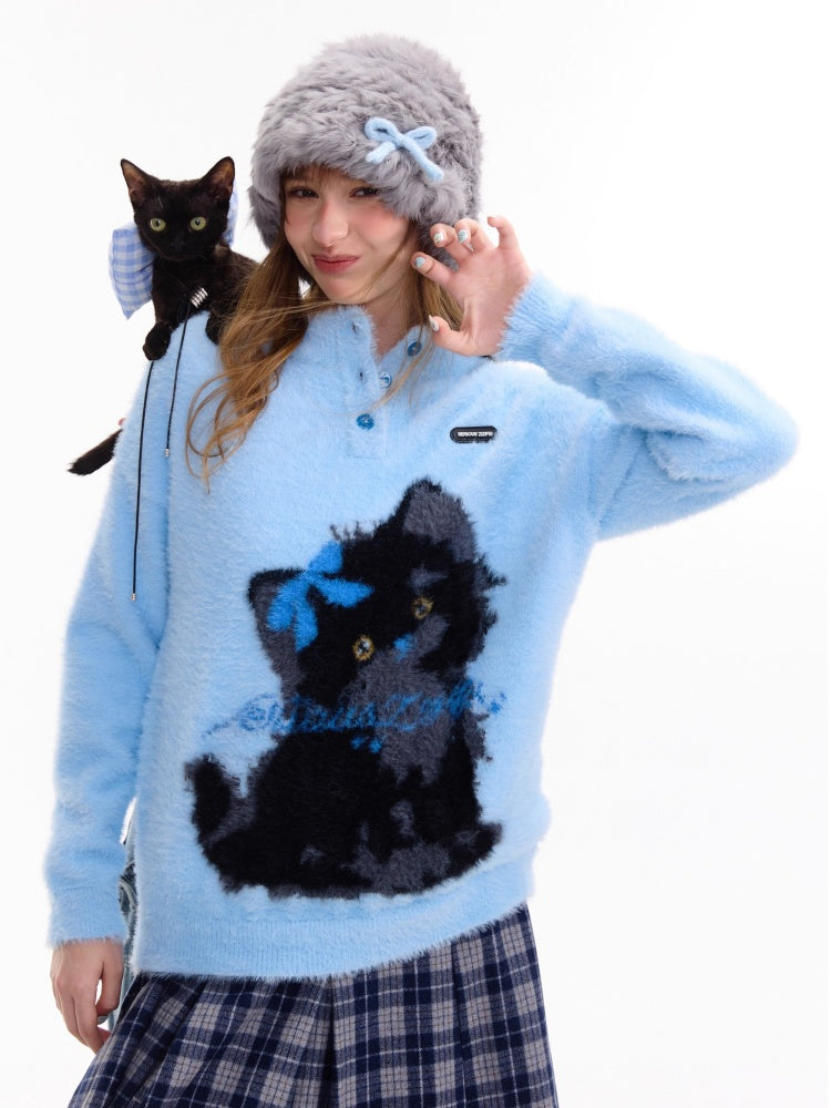 American Retro Design Cat Print Soft Waxy Lazy Sweater【s0000014758】