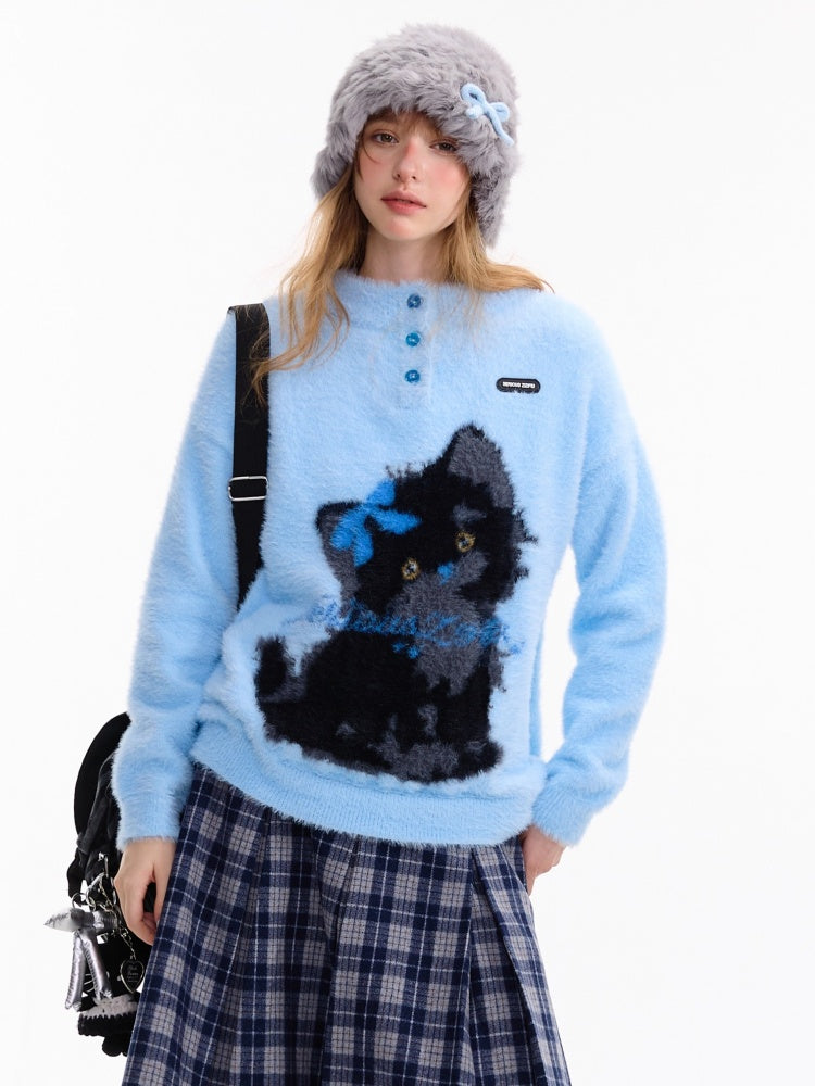 American Retro Design Cat Print Soft Waxy Lazy Sweater【s0000014758】