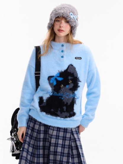 American Retro Design Cat Print Soft Waxy Lazy Sweater【s0000014758】