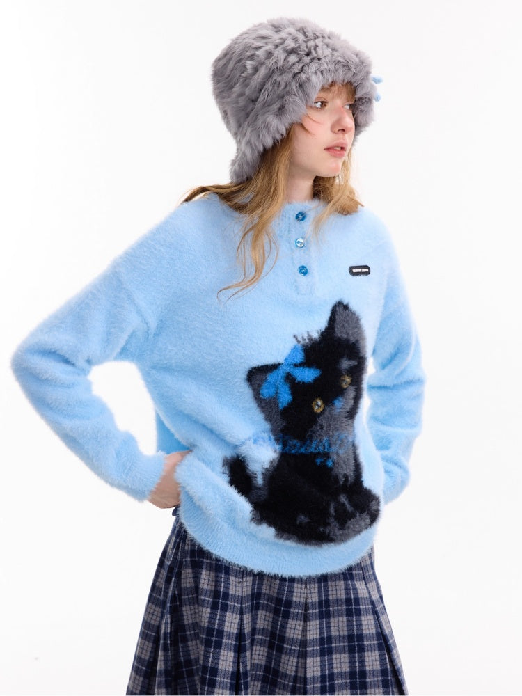 American Retro Design Cat Print Soft Waxy Lazy Sweater【s0000014758】