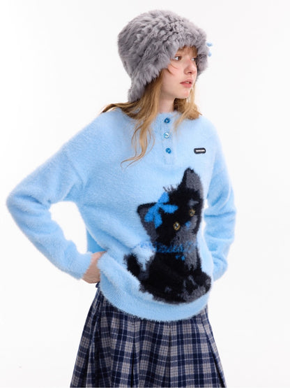 American Retro Design Cat Print Soft Waxy Lazy Sweater【s0000014758】