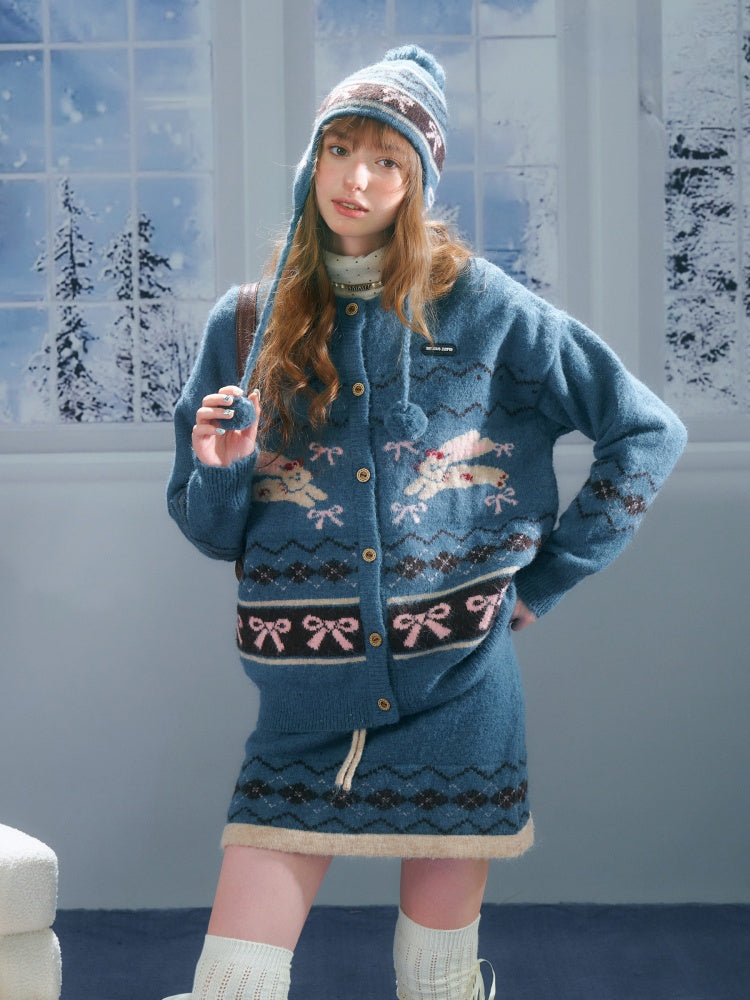 Vintage Design Sense Fair Isle Rabbit Bow Teal Sweater Cardigan Jacket【s0000014759】