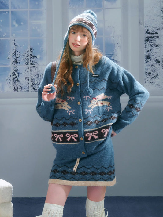 Vintage Design Sense Fair Isle Rabbit Bow Teal Sweater Cardigan Jacket【s0000014759】