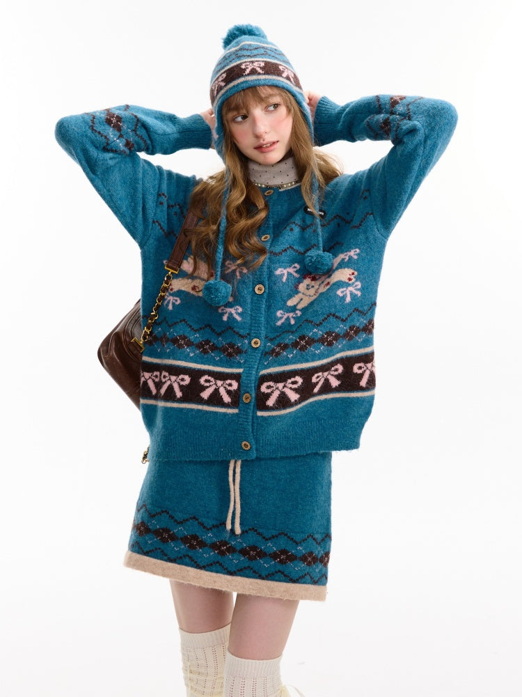 Vintage Design Sense Fair Isle Rabbit Bow Teal Sweater Cardigan Jacket【s0000014759】