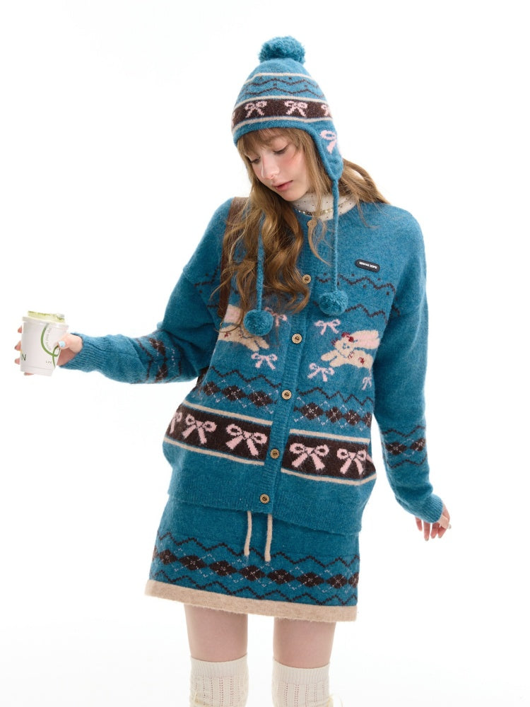 Vintage Design Sense Fair Isle Rabbit Bow Teal Sweater Cardigan Jacket【s0000014759】
