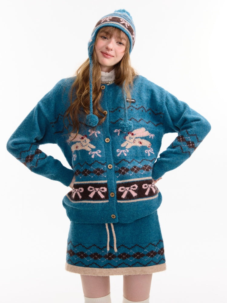Vintage Design Sense Fair Isle Rabbit Bow Teal Sweater Cardigan Jacket【s0000014759】