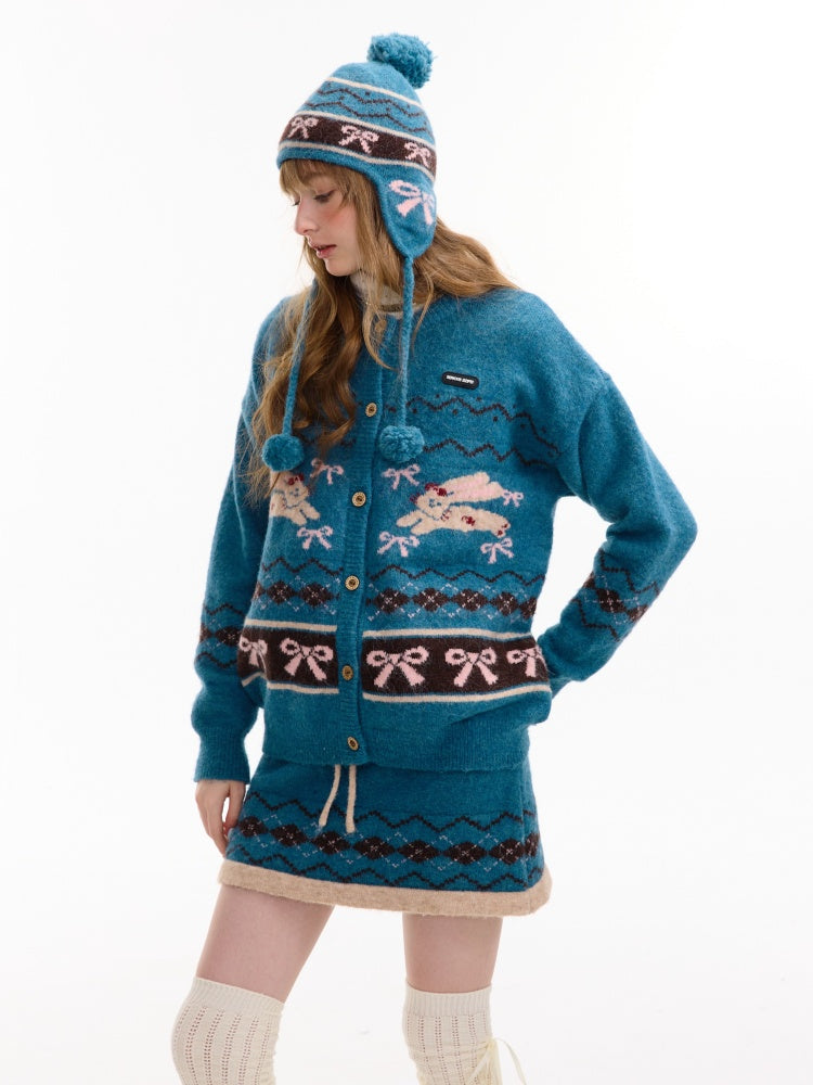 Vintage Design Sense Fair Isle Rabbit Bow Teal Sweater Cardigan Jacket【s0000014759】