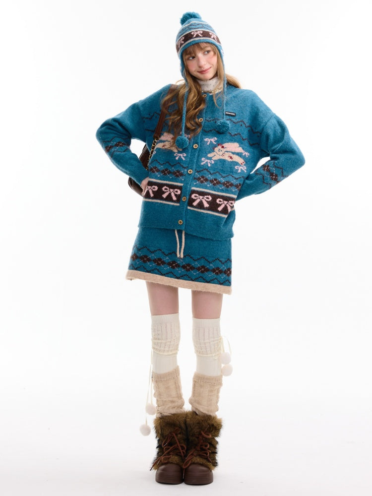 Vintage Design Sense Fair Isle Rabbit Bow Teal Sweater Cardigan Jacket【s0000014759】