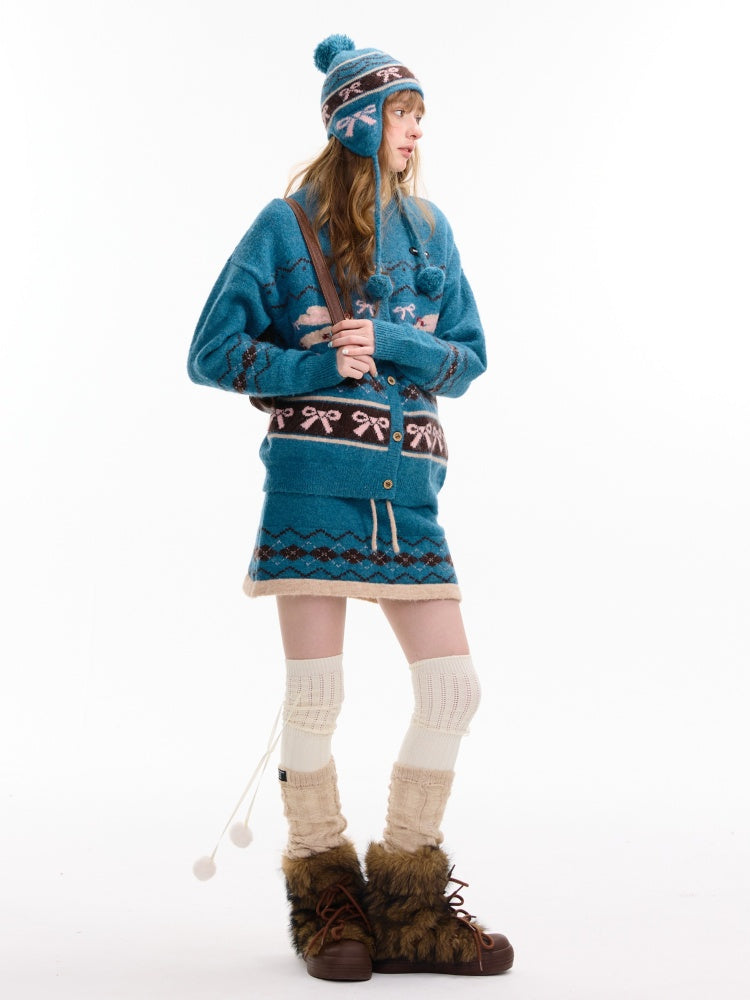 Vintage Design Sense Fair Isle Rabbit Bow Teal Sweater Cardigan Jacket【s0000014759】