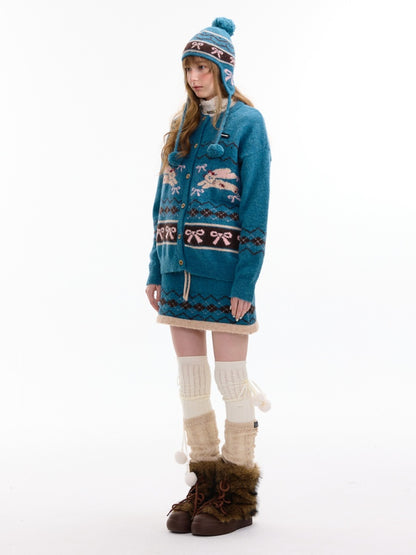 Vintage Design Sense Fair Isle Rabbit Bow Teal Sweater Cardigan Jacket【s0000014759】