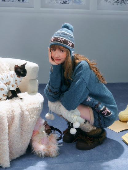 Vintage Design Sense Fair Isle Rabbit Bow Teal Sweater Cardigan Jacket【s0000014759】