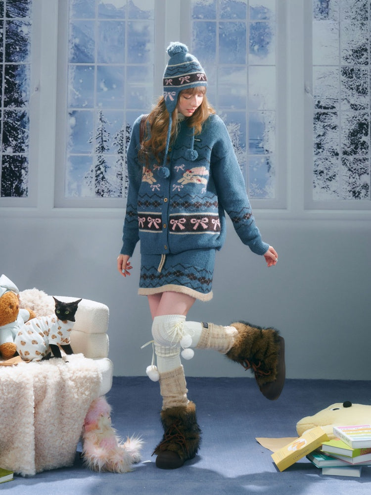 Vintage Design Sense Fair Isle Rabbit Bow Teal Sweater Cardigan Jacket【s0000014759】