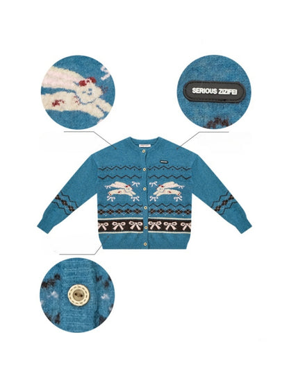 Vintage Design Sense Fair Isle Rabbit Bow Teal Sweater Cardigan Jacket【s0000014759】