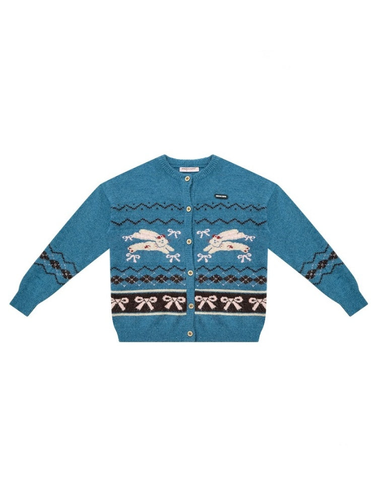 Vintage Design Sense Fair Isle Rabbit Bow Teal Sweater Cardigan Jacket【s0000014759】