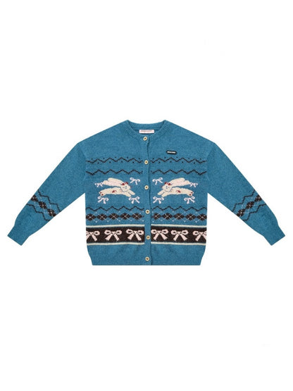 Vintage Design Sense Fair Isle Rabbit Bow Teal Sweater Cardigan Jacket【s0000014759】