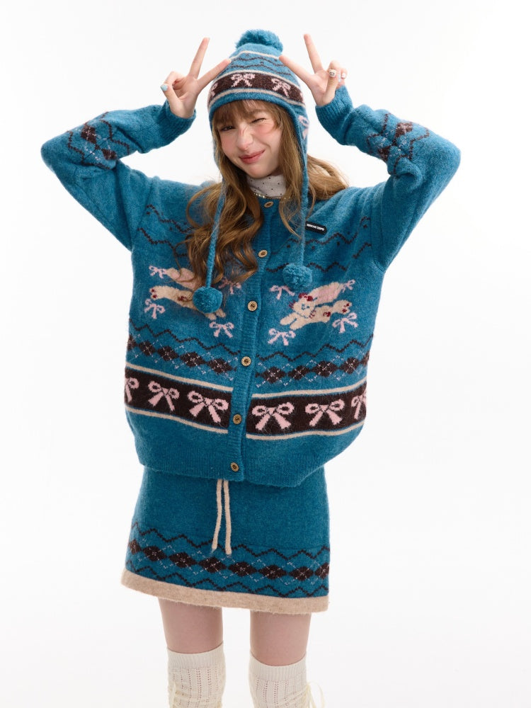 Vintage Design Sense Fair Isle Rabbit Bow Teal Sweater Cardigan Jacket【s0000014759】