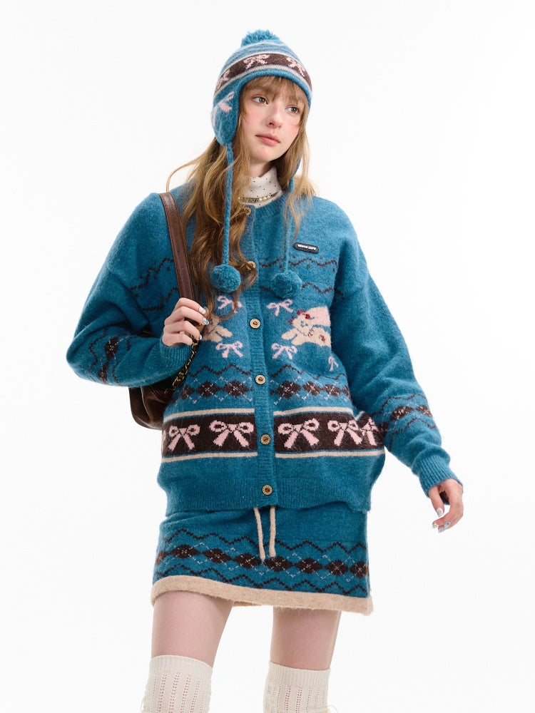 Vintage Design Sense Fair Isle Rabbit Bow Teal Sweater Cardigan Jacket【s0000014759】