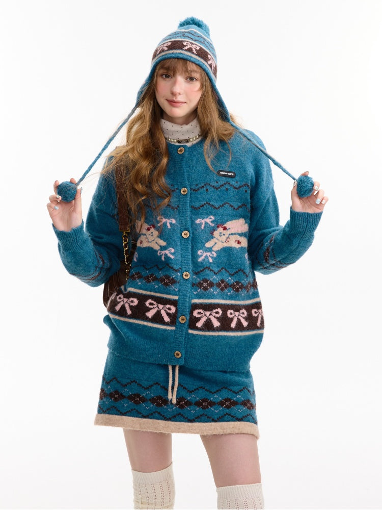 Vintage Design Sense Fair Isle Rabbit Bow Teal Sweater Cardigan Jacket【s0000014759】