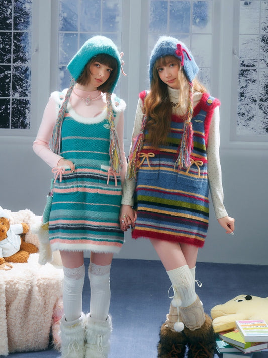 American Retro Design Striped Bow Knitted Base Vest Dress【s0000014761】
