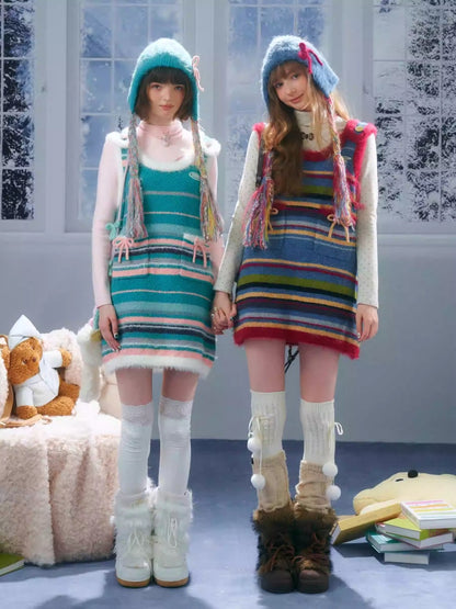 American Retro Design Striped Bow Knitted Base Vest Dress【s0000014761】