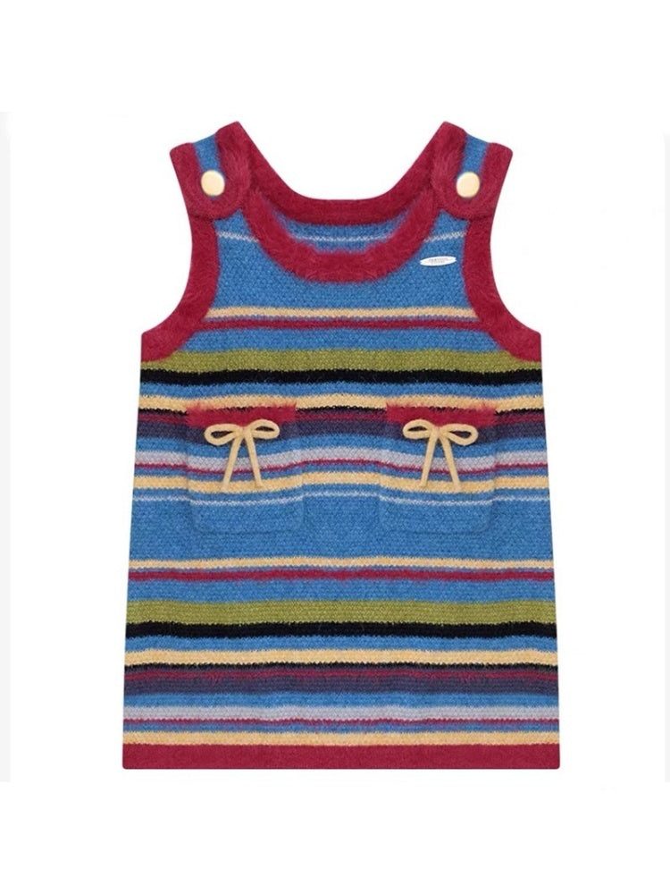 American Retro Design Striped Bow Knitted Base Vest Dress【s0000014761】