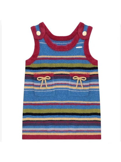 American Retro Design Striped Bow Knitted Base Vest Dress【s0000014761】