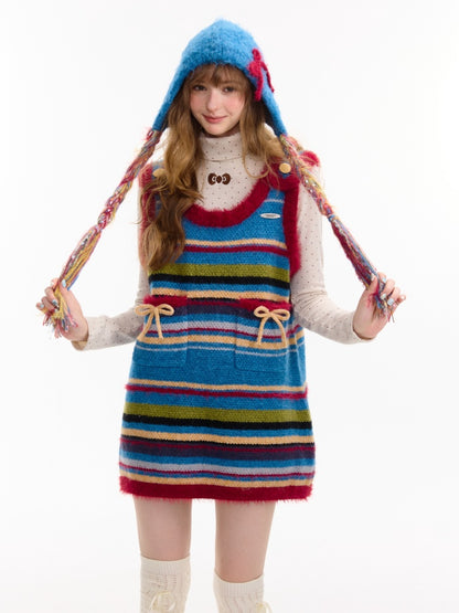 American Retro Design Striped Bow Knitted Base Vest Dress【s0000014761】