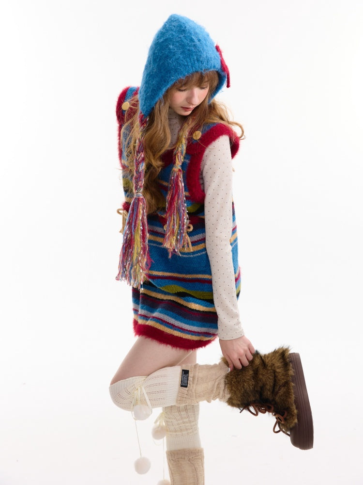 American Retro Design Striped Bow Knitted Base Vest Dress【s0000014761】