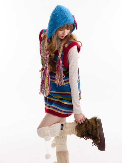 American Retro Design Striped Bow Knitted Base Vest Dress【s0000014761】