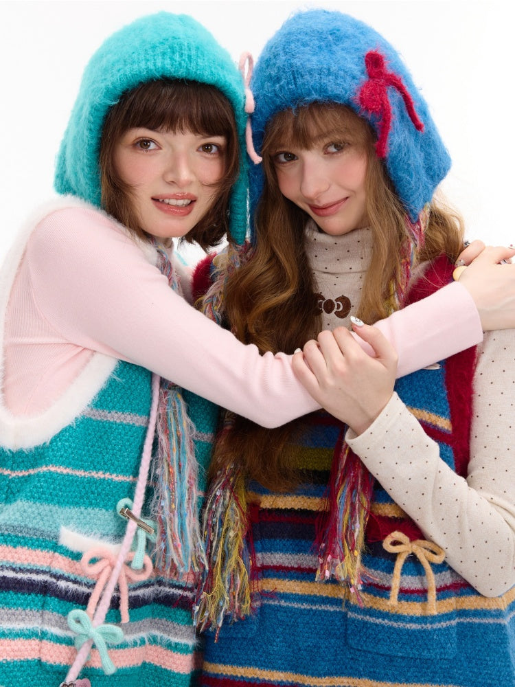 American Retro Design Striped Bow Knitted Base Vest Dress【s0000014761】