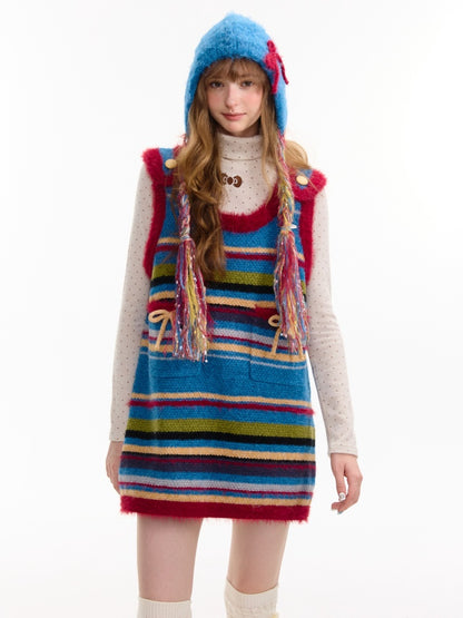 American Retro Design Striped Bow Knitted Base Vest Dress【s0000014761】
