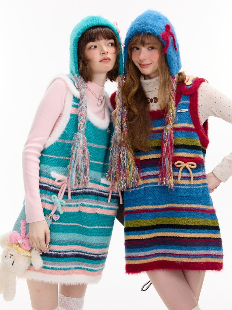 American Retro Design Striped Bow Knitted Base Vest Dress【s0000014761】