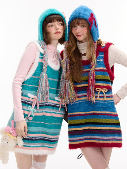 American Retro Design Striped Bow Knitted Base Vest Dress【s0000014761】