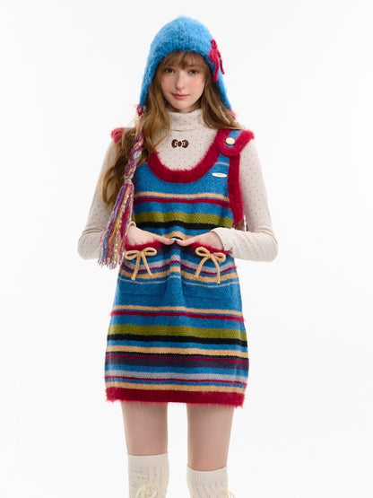 American Retro Design Striped Bow Knitted Base Vest Dress【s0000014761】