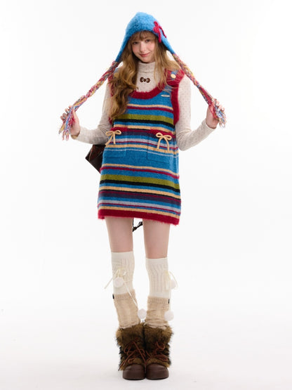 American Retro Design Striped Bow Knitted Base Vest Dress【s0000014761】