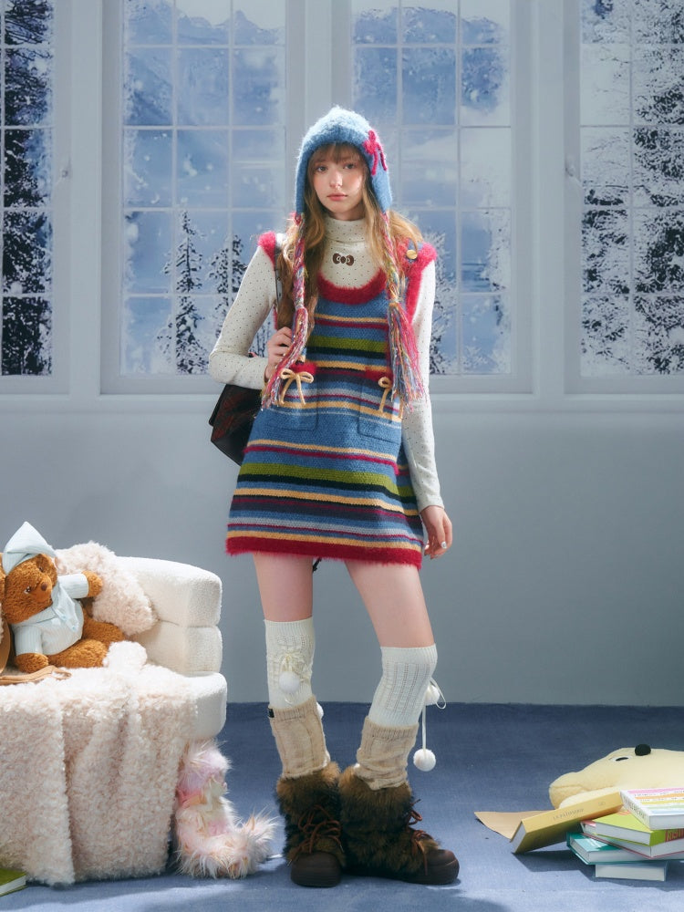 American Retro Design Striped Bow Knitted Base Vest Dress【s0000014761】