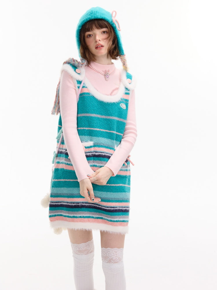 American Retro Design Striped Bow Knitted Base Vest Dress【s0000014761】