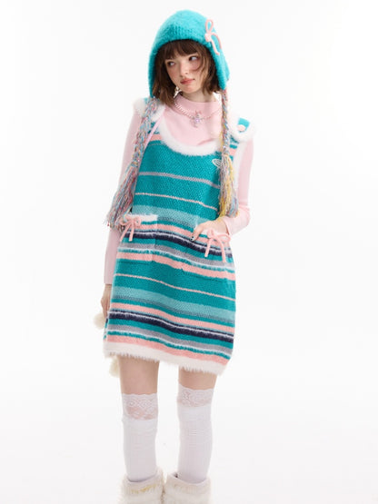 American Retro Design Striped Bow Knitted Base Vest Dress【s0000014761】