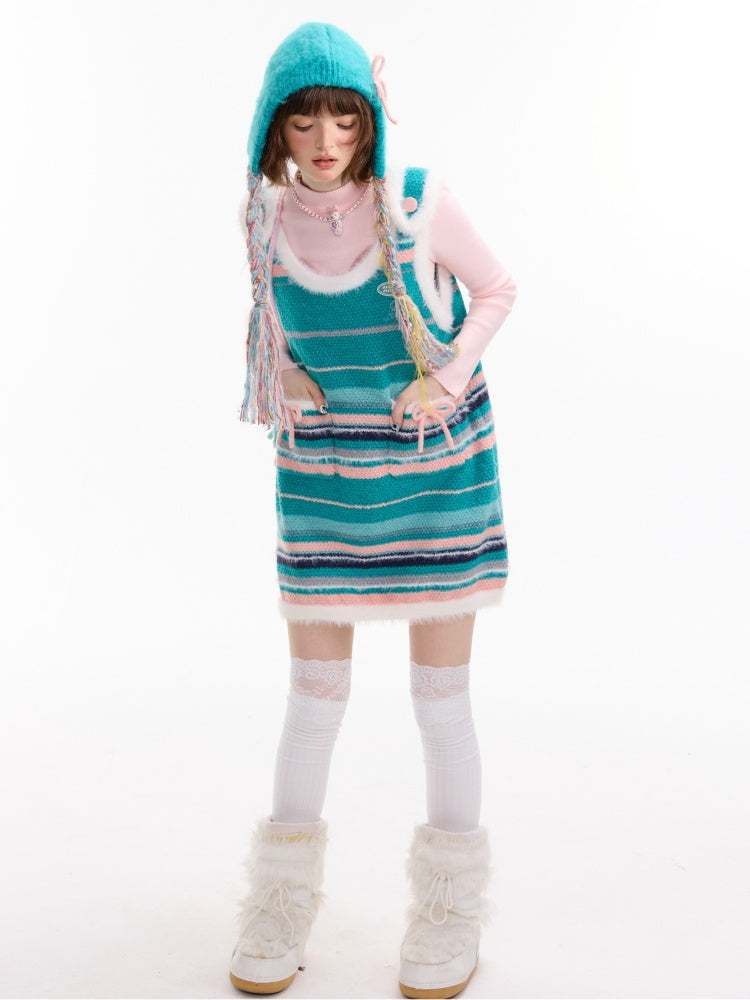 American Retro Design Striped Bow Knitted Base Vest Dress【s0000014761】