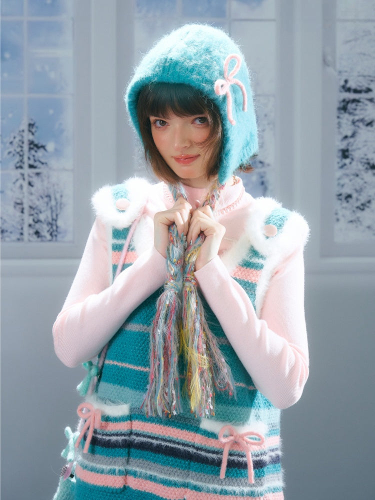 American Retro Design Striped Bow Knitted Base Vest Dress【s0000014761】