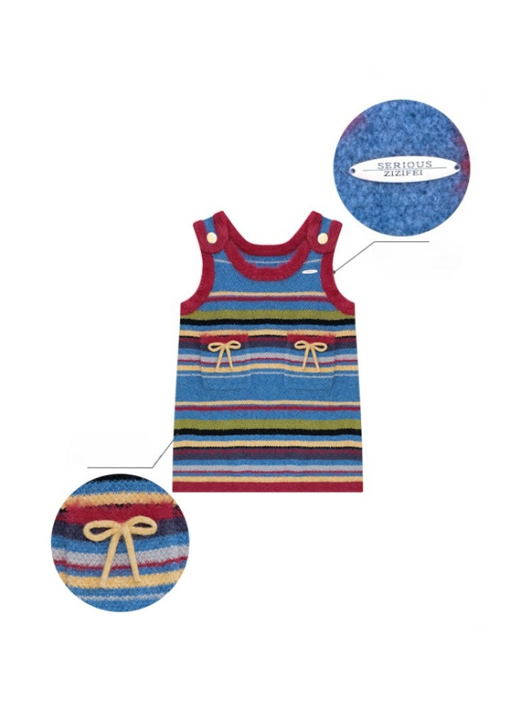 American Retro Design Striped Bow Knitted Base Vest Dress【s0000014761】