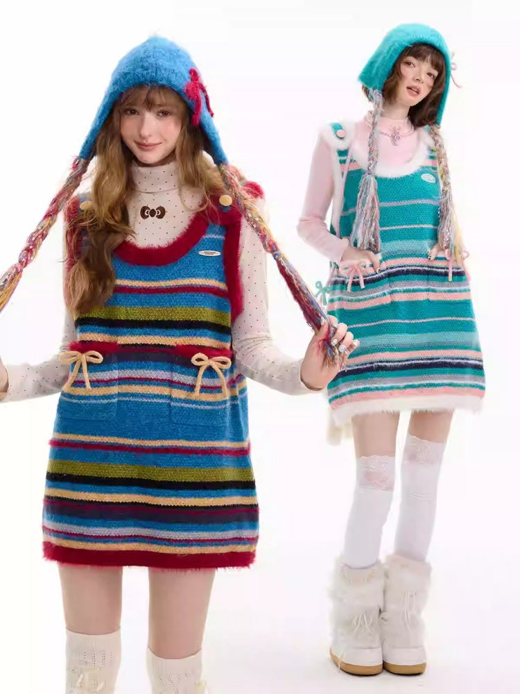 American Retro Design Striped Bow Knitted Base Vest Dress【s0000014761】