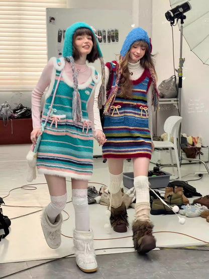 American Retro Design Striped Bow Knitted Base Vest Dress【s0000014761】