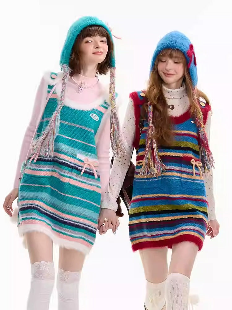 American Retro Design Striped Bow Knitted Base Vest Dress【s0000014761】