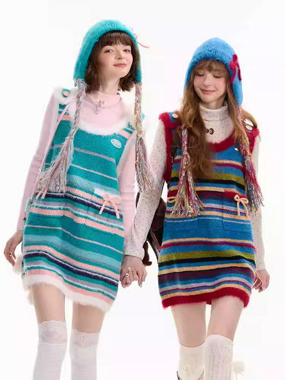 American Retro Design Striped Bow Knitted Base Vest Dress【s0000014761】