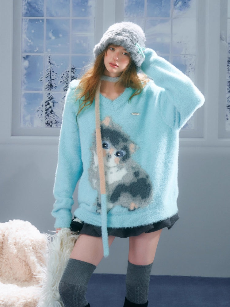 American Design Sense Polo V-Neck Cat Print Lazy Wind Soft Glutinous Sweater【s0000014763】