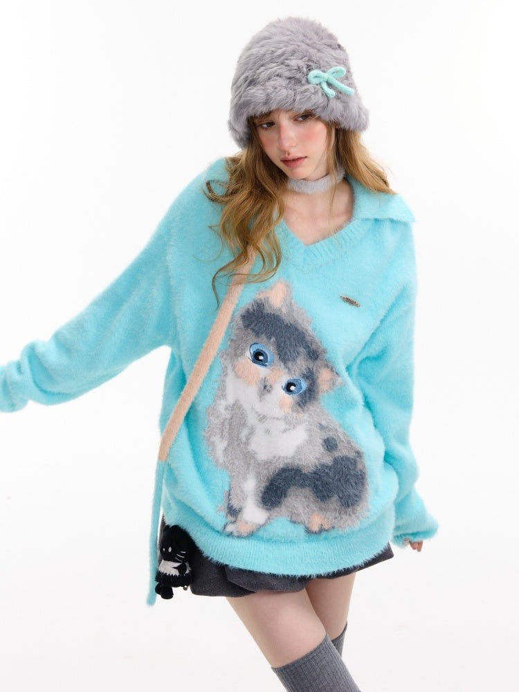 American Design Sense Polo V-Neck Cat Print Lazy Wind Soft Glutinous Sweater【s0000014763】