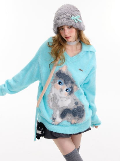 American Design Sense Polo V-Neck Cat Print Lazy Wind Soft Glutinous Sweater【s0000014763】